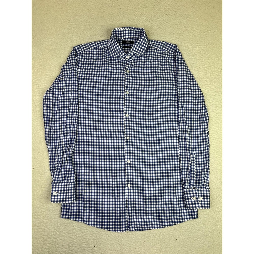 BOSS Hugo Boss Dress Shirt Mens 15.5 32/33 Blue Gingham Sharp Fit Slim LS